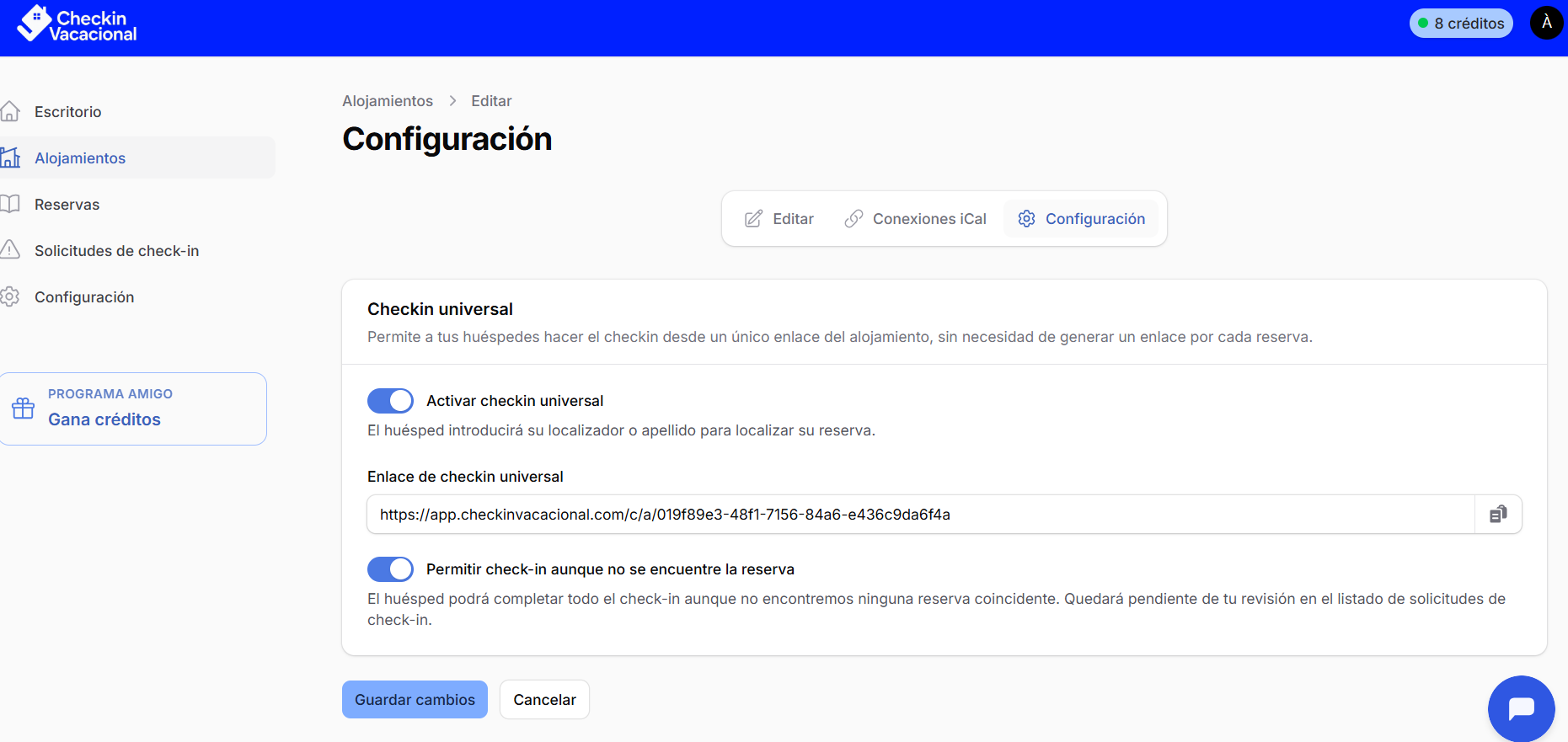 Écran de configuration du logement dans Checkin Vacacional avec l'option Activer le check-in universel.